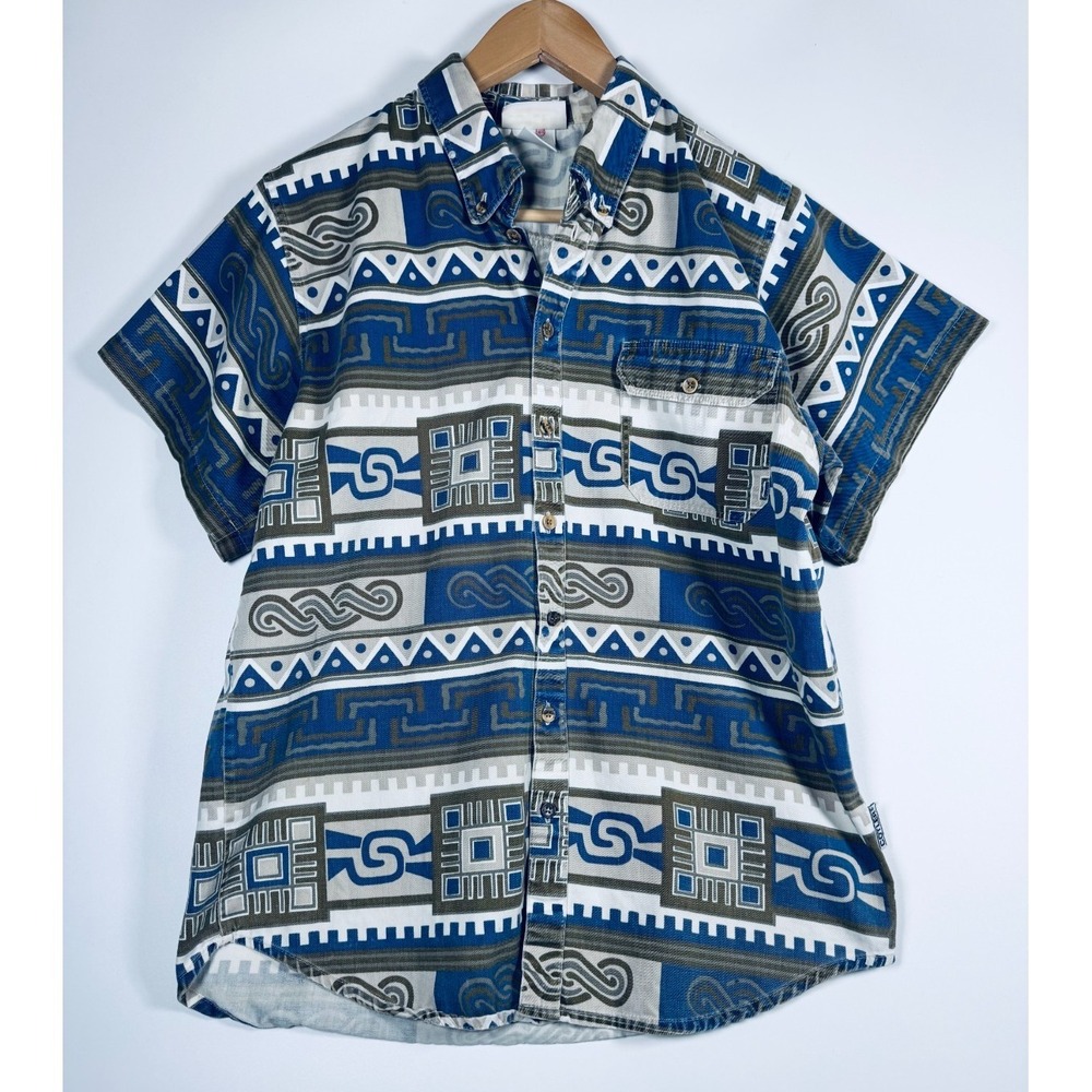 Vintage Cotler Hawaiian Shirt Mens Small Blue Ivory Geometric Cotton Button Down